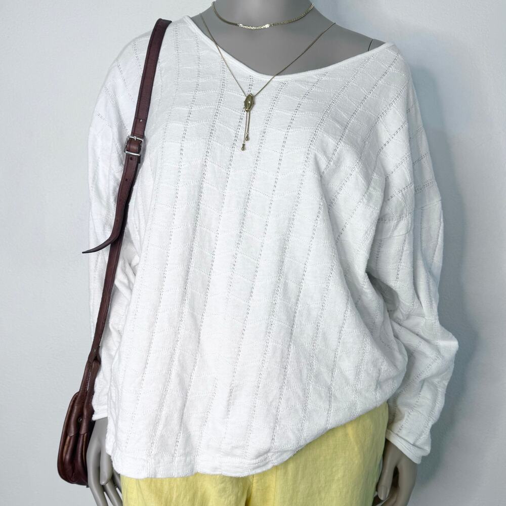 Vintage Cotton Sweater Top White Scoop Neck Beachy Costal Slouchy Plus Size 2X